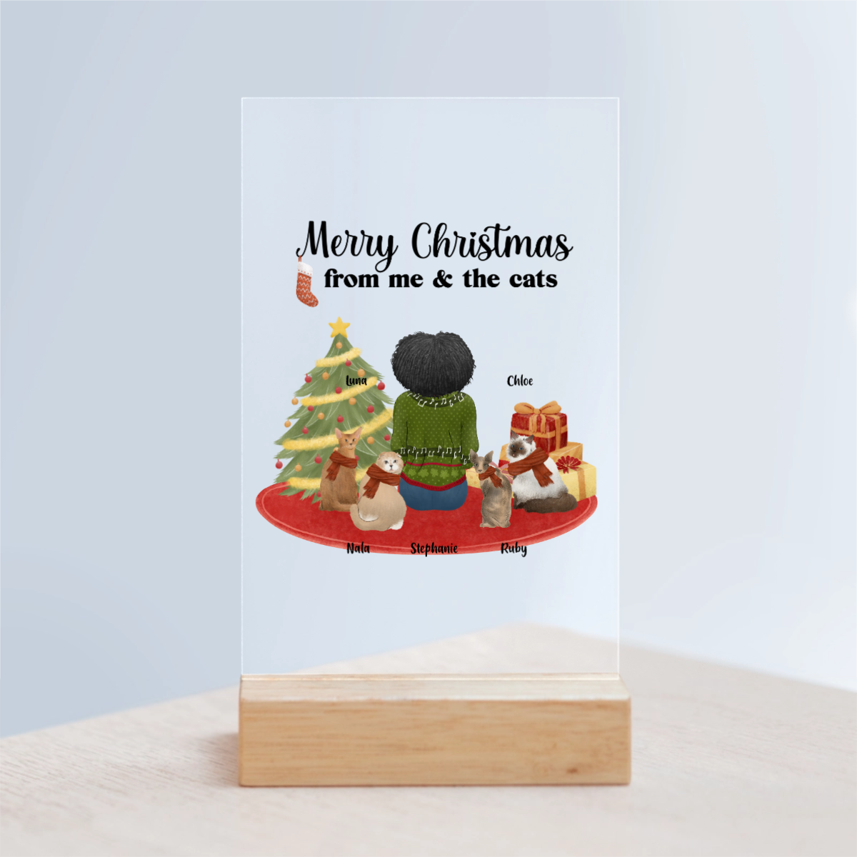 Frohe Weihnachten von mir und den Katzen Acrylschild mit Holzständer