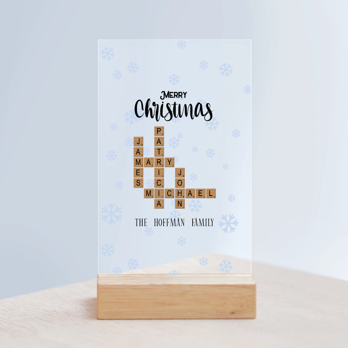 Frohe Weihnachten Kreuzworträtsel Acrylschild mit Holzständer