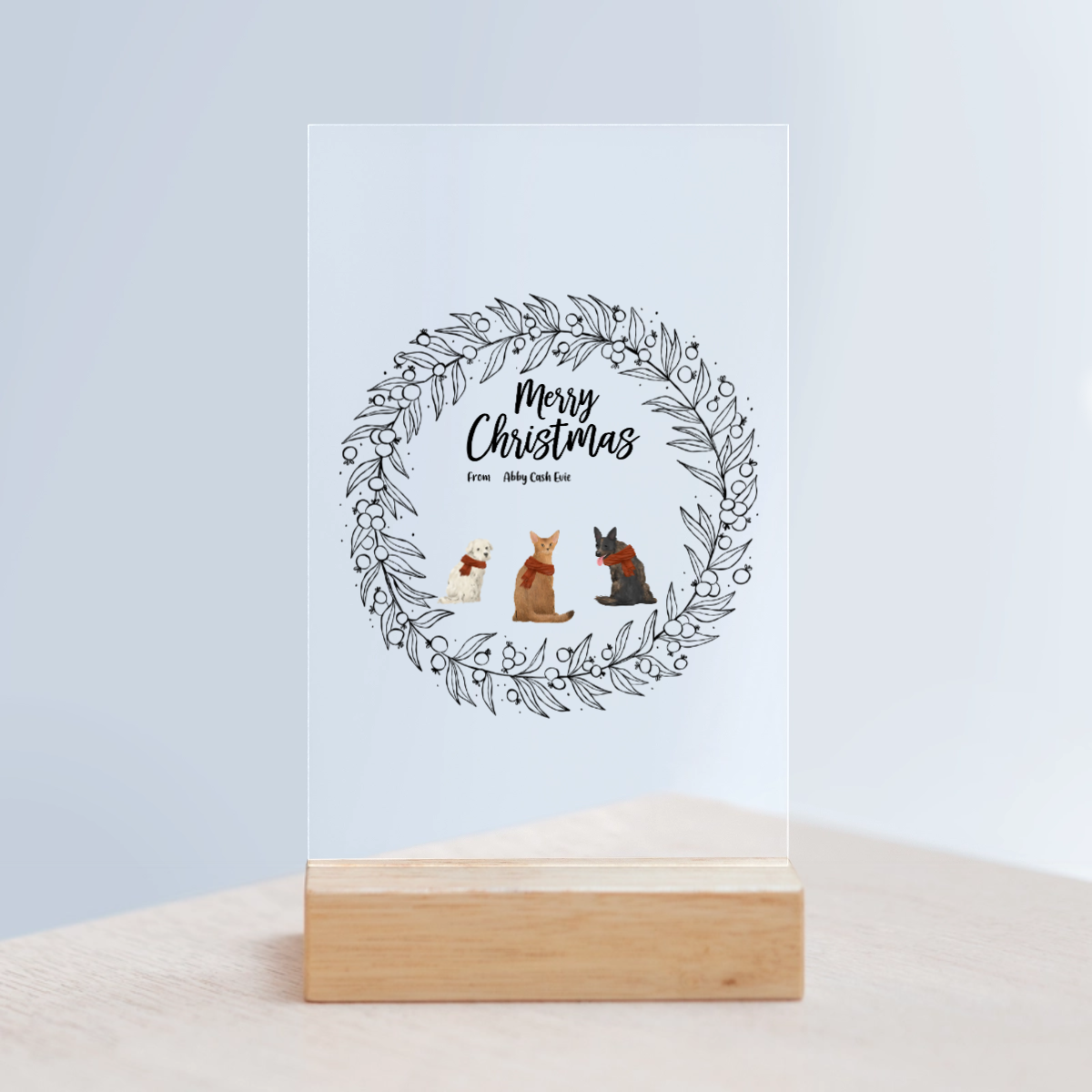Frohe Haustier Weihnachten Acrylschild mit Holzständer
