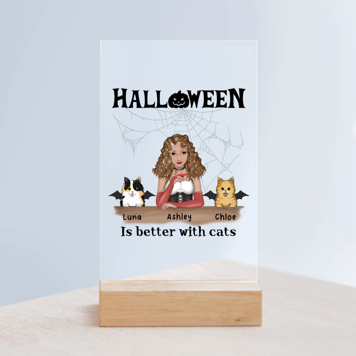 Halloween ist besser mit Katzen Acrylschild mit Holzständer