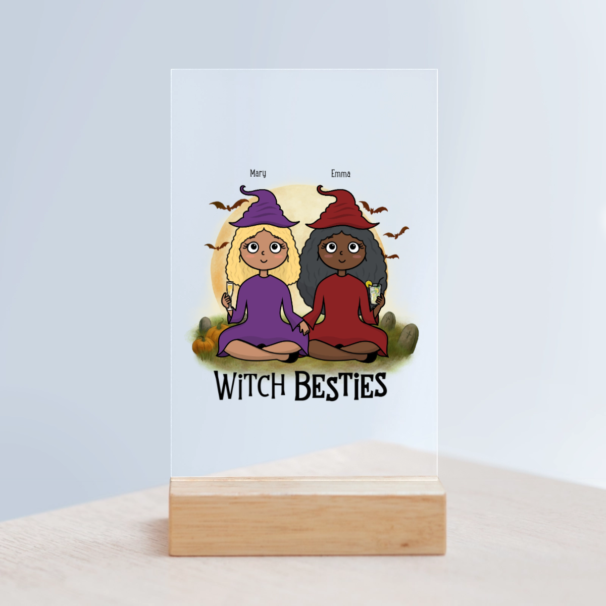 Hexenbesties Halloween Acrylschild mit Holzständer