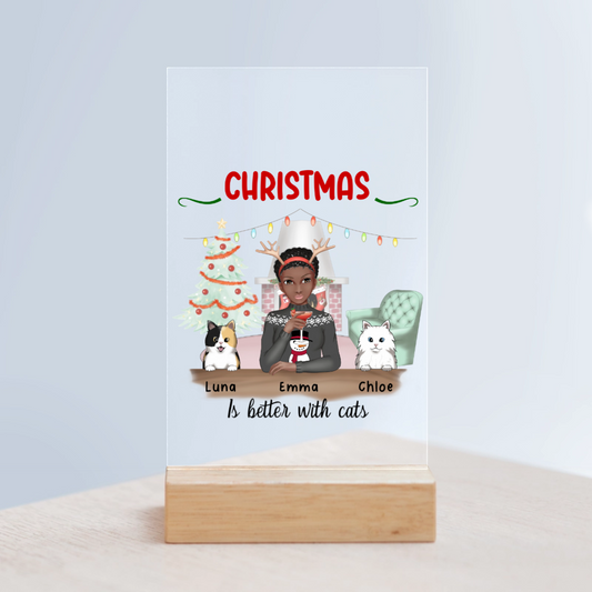 Weihnachten ist schöner mit Katzen Acrylschild mit Holzständer