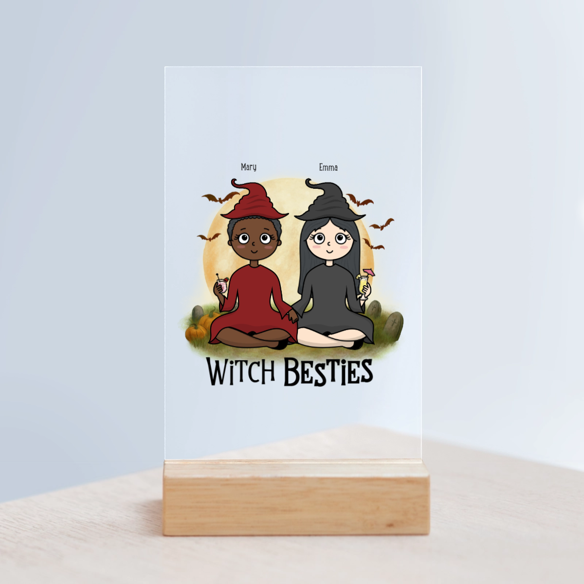 Hexenbesties Halloween Acrylschild mit Holzständer