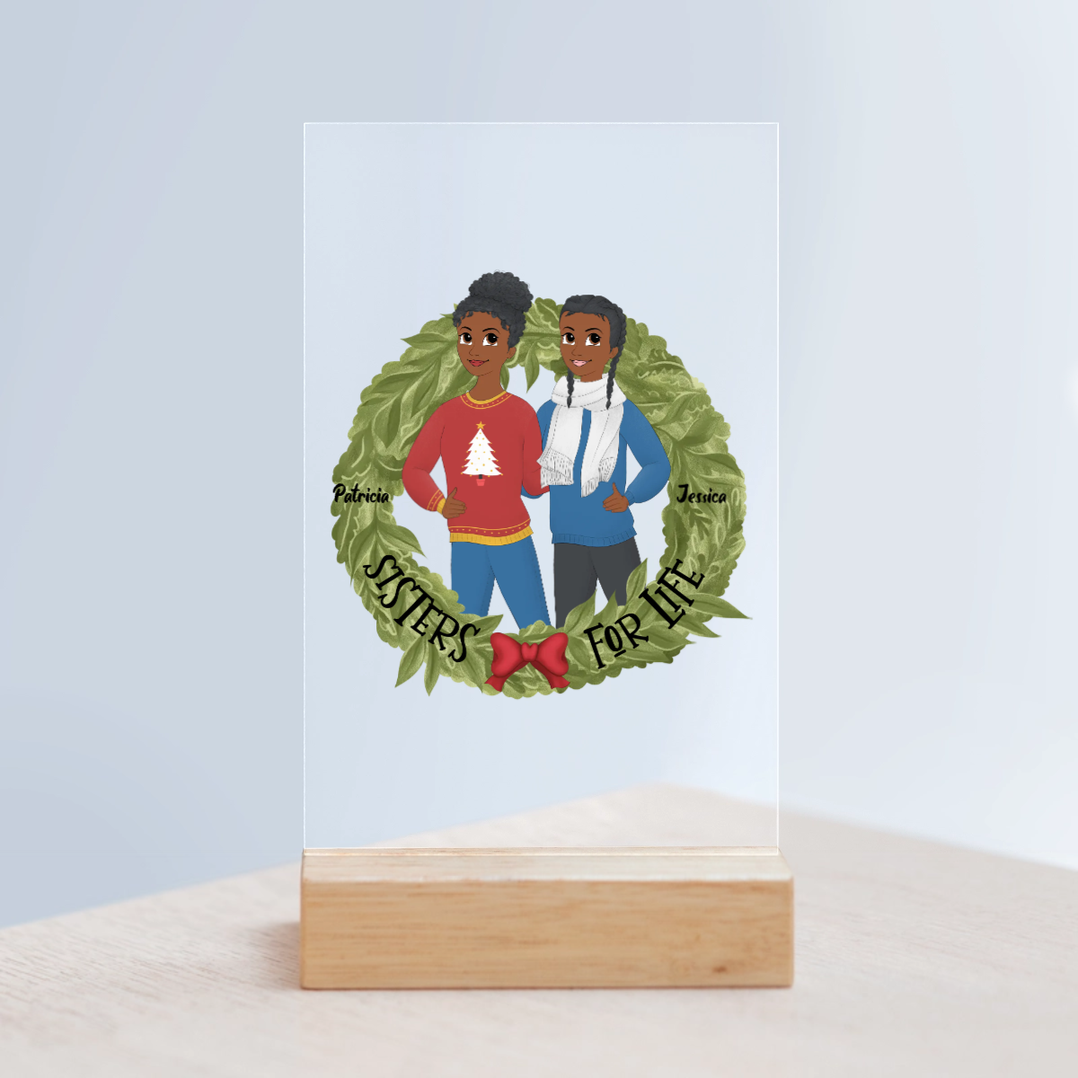 Schwestern fürs Leben Weihnacht Acrylschild mit Holzständer