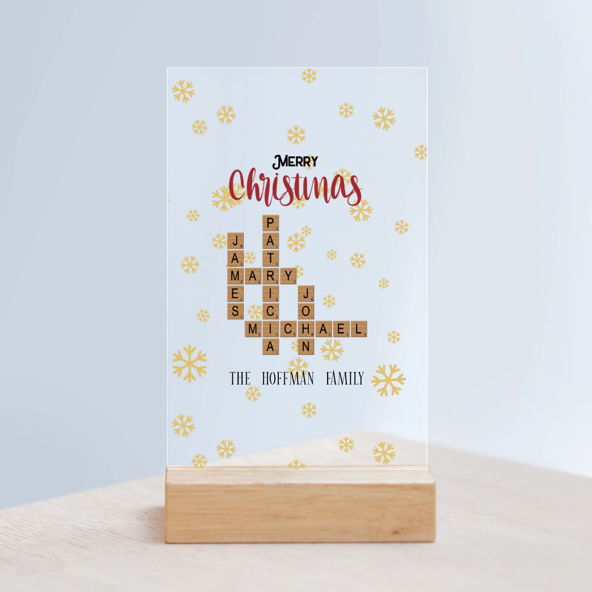 Frohe Weihnachten Kreuzworträtsel Acrylschild mit Holzständer