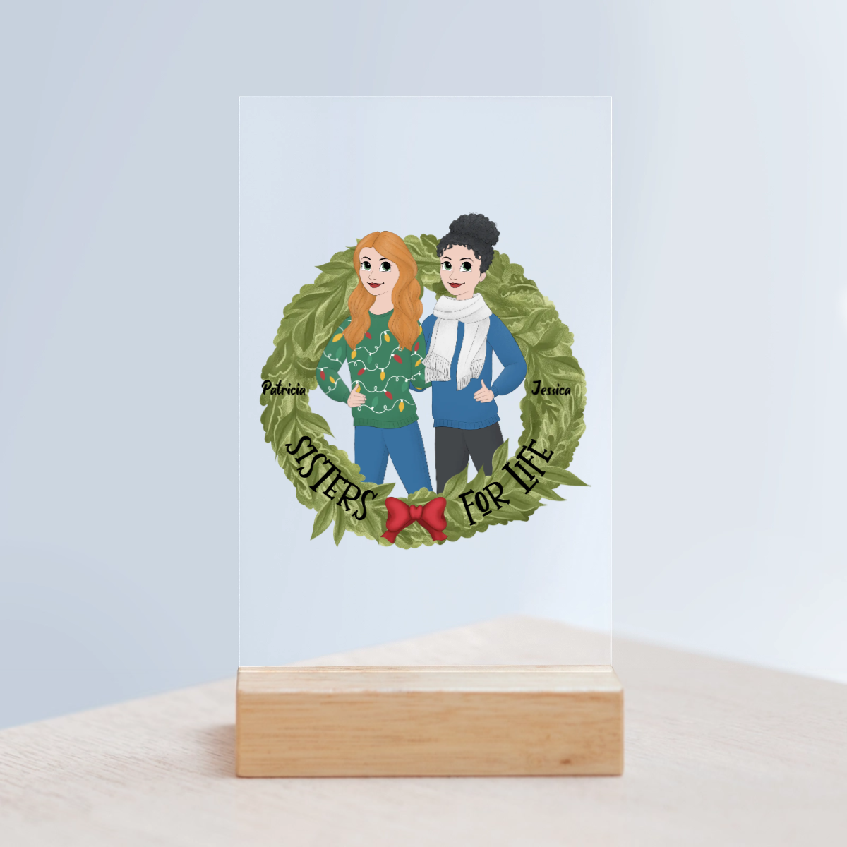 Schwestern fürs Leben Weihnacht Acrylschild mit Holzständer