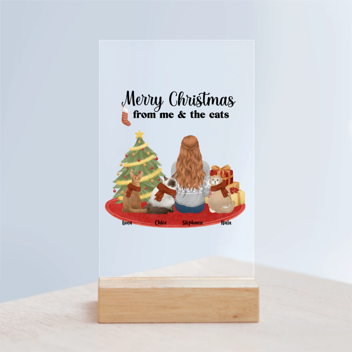 Frohe Weihnachten von mir und den Katzen Acrylschild mit Holzständer