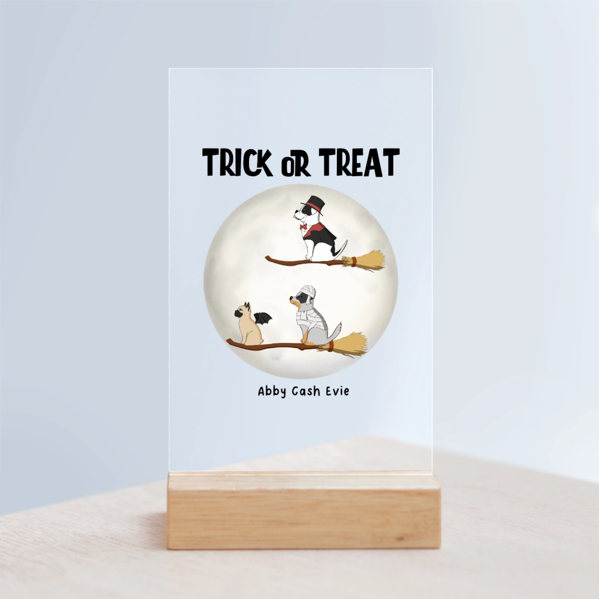 Süßes oder Saures Hunde Halloween Acrylschild mit Holzständer