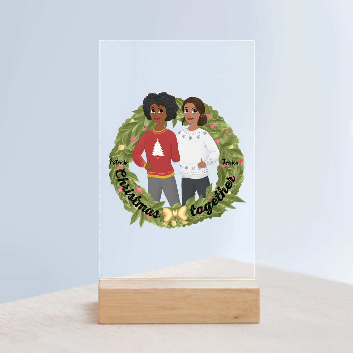 Weihnachten zusammen Acrylschild mit Holzständer