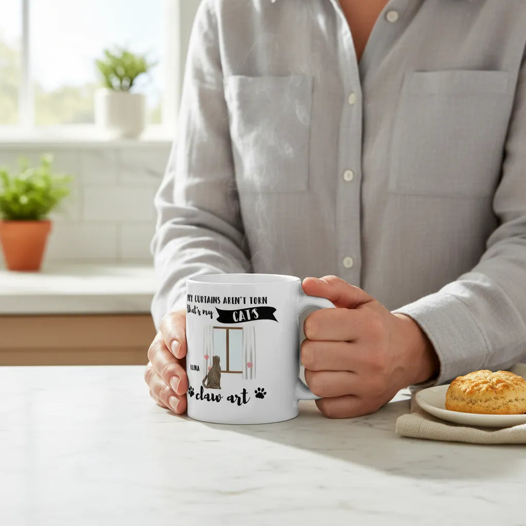 Meine Vorhänge sind nicht zerrissen das ist die Krallenkunst meiner Katze Keramiktasse