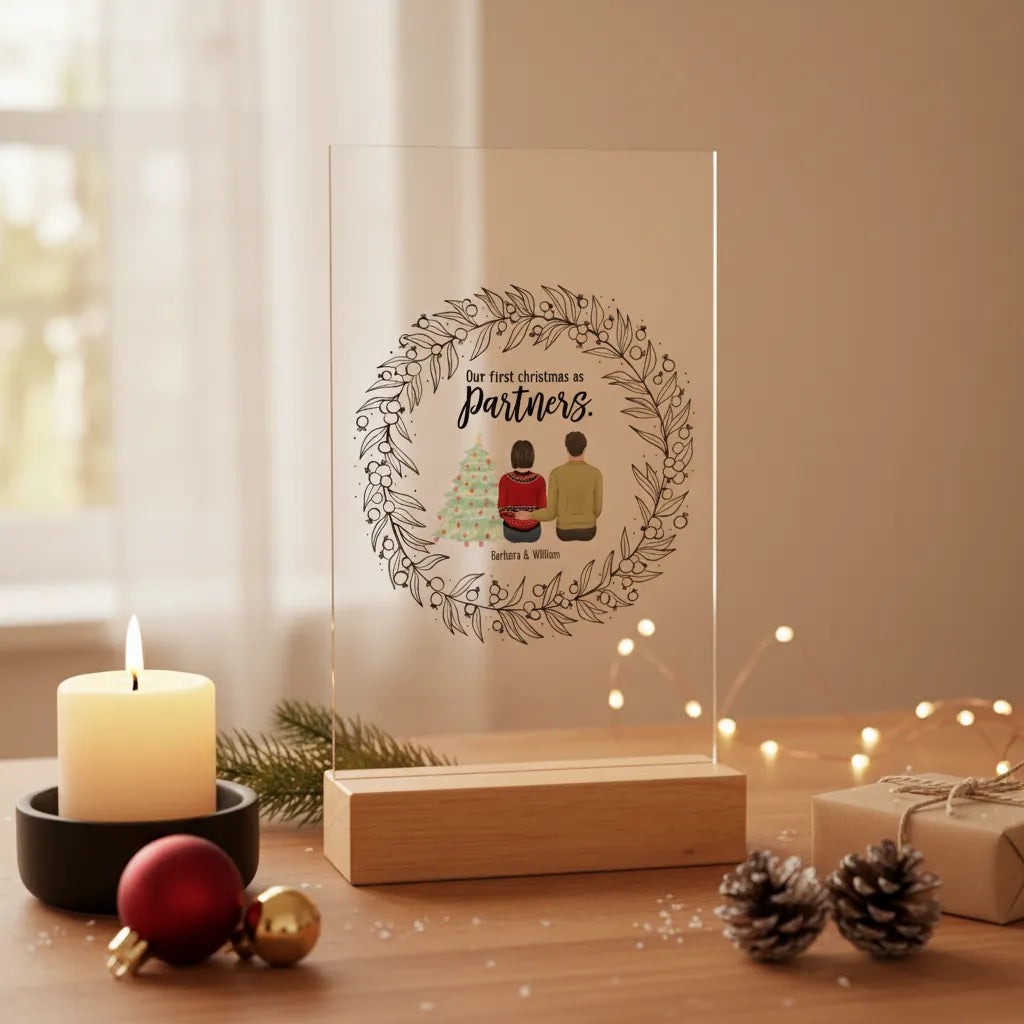 Unser erstes Weihnachten als Partner Acrylschild mit Holzständer